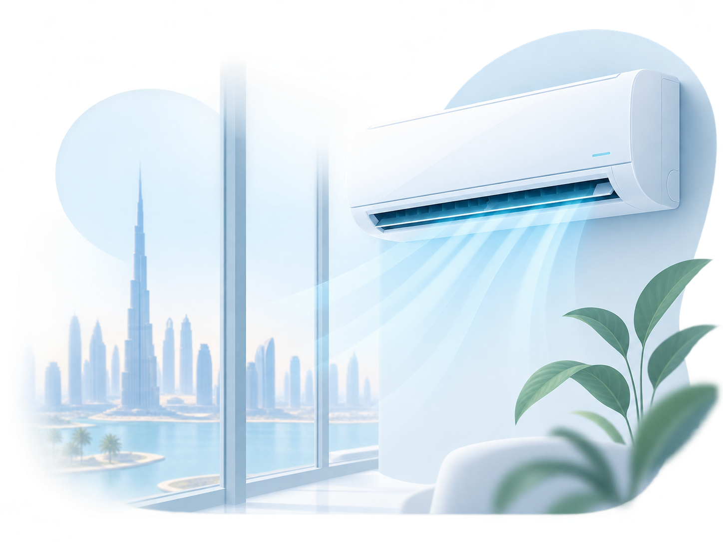 Split air conditioner cooling a Dubai apartment with the city skyline behind it