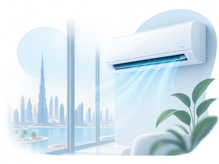 Split air conditioner cooling a Dubai apartment with the city skyline behind it